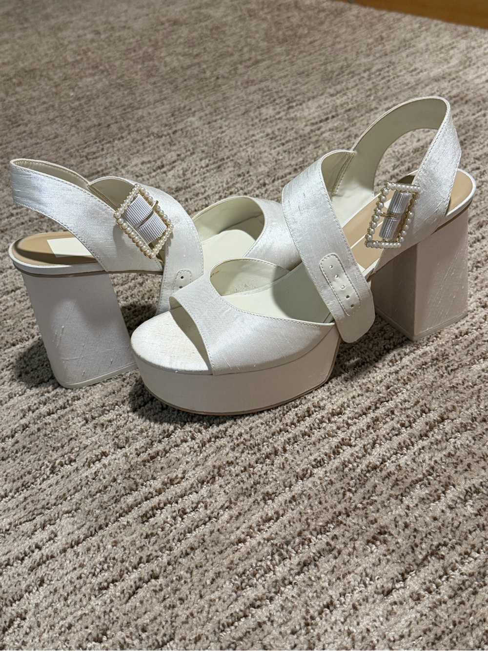 Dolce Vita Bobby White Platform Block Heel Sandals with Pearl Buckles